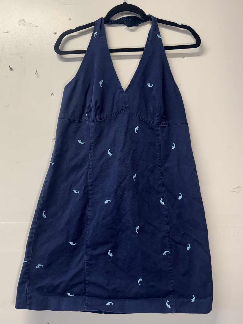 Navy Halter Dress with Light Blue Embroidered whales